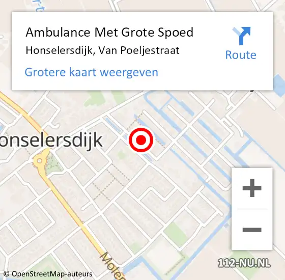 Locatie op kaart van de 112 melding: Ambulance Met Grote Spoed Naar Honselersdijk, Van Poeljestraat op 10 februari 2022 11:04