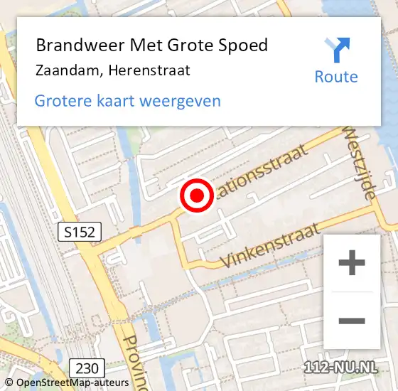 Locatie op kaart van de 112 melding: Brandweer Met Grote Spoed Naar Zaandam, Herenstraat op 10 februari 2022 11:16