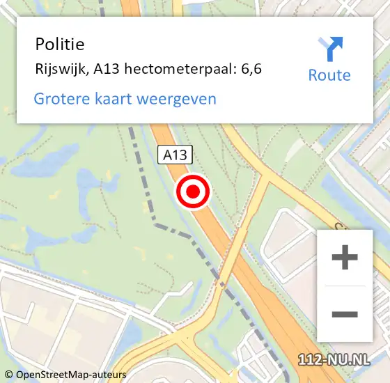 Locatie op kaart van de 112 melding: Politie Rijswijk, A13 hectometerpaal: 6,6 op 10 februari 2022 11:40