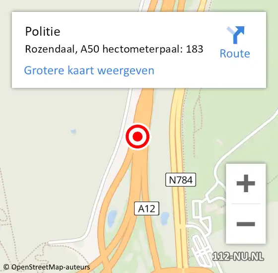 Locatie op kaart van de 112 melding: Politie Rozendaal, A50 hectometerpaal: 183 op 10 februari 2022 12:25