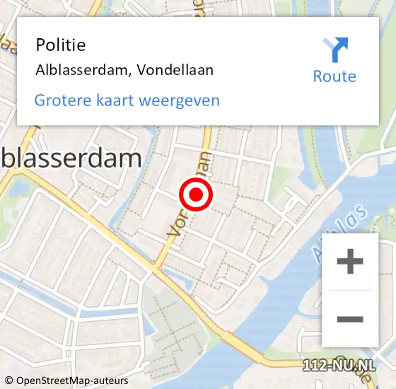 Locatie op kaart van de 112 melding: Politie Alblasserdam, Vondellaan op 10 februari 2022 13:34