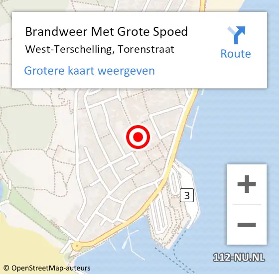 Locatie op kaart van de 112 melding: Brandweer Met Grote Spoed Naar West-Terschelling, Torenstraat op 10 februari 2022 15:14