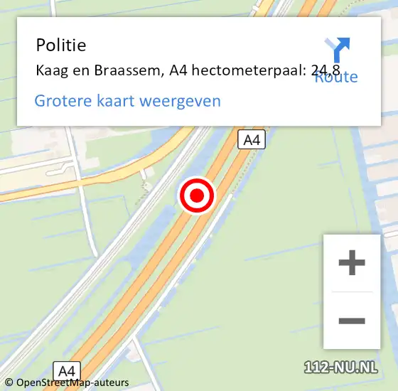 Locatie op kaart van de 112 melding: Politie Kaag en Braassem, A4 hectometerpaal: 24,8 op 10 februari 2022 16:18