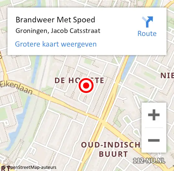 Locatie op kaart van de 112 melding: Brandweer Met Spoed Naar Groningen, Jacob Catsstraat op 10 februari 2022 17:34