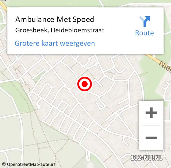 Locatie op kaart van de 112 melding: Ambulance Met Spoed Naar Groesbeek, Heidebloemstraat op 10 februari 2022 18:12