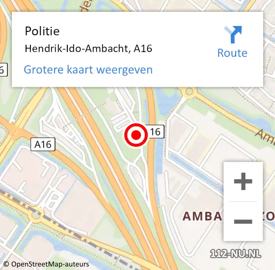 Locatie op kaart van de 112 melding: Politie Hendrik-Ido-Ambacht, A16 op 10 februari 2022 18:24