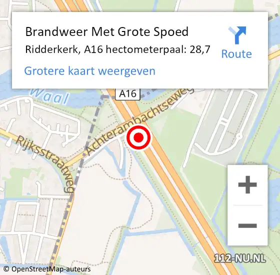 Locatie op kaart van de 112 melding: Brandweer Met Grote Spoed Naar Ridderkerk, A16 hectometerpaal: 28,7 op 10 februari 2022 18:26