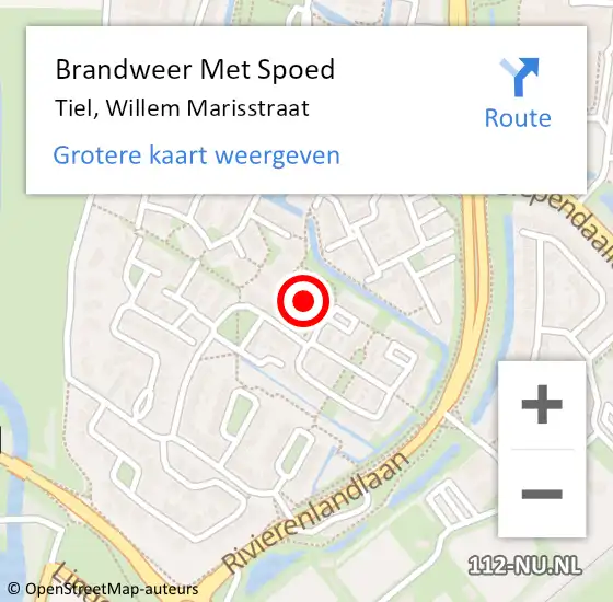 Locatie op kaart van de 112 melding: Brandweer Met Spoed Naar Tiel, Willem Marisstraat op 10 februari 2022 18:49