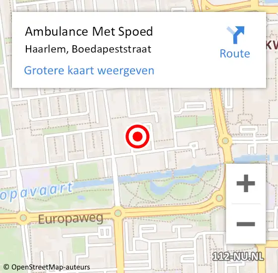 Locatie op kaart van de 112 melding: Ambulance Met Spoed Naar Haarlem, Boedapeststraat op 10 februari 2022 19:07