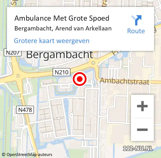 Locatie op kaart van de 112 melding: Ambulance Met Grote Spoed Naar Bergambacht, Arend van Arkellaan op 10 februari 2022 23:05