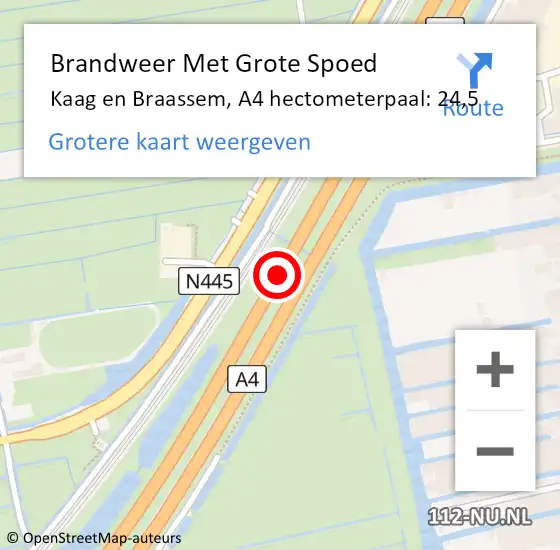 Locatie op kaart van de 112 melding: Brandweer Met Grote Spoed Naar Kaag en Braassem, A4 hectometerpaal: 24,5 op 10 februari 2022 23:19