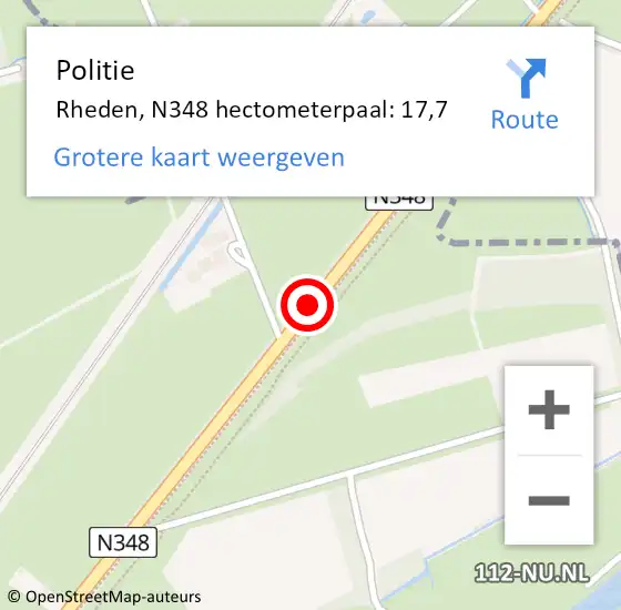 Locatie op kaart van de 112 melding: Politie Rheden, N348 hectometerpaal: 17,7 op 11 februari 2022 07:02