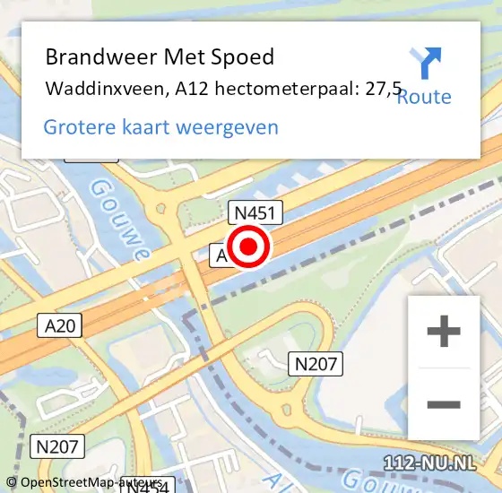 Locatie op kaart van de 112 melding: Brandweer Met Spoed Naar Waddinxveen, A12 hectometerpaal: 27,5 op 11 februari 2022 07:06