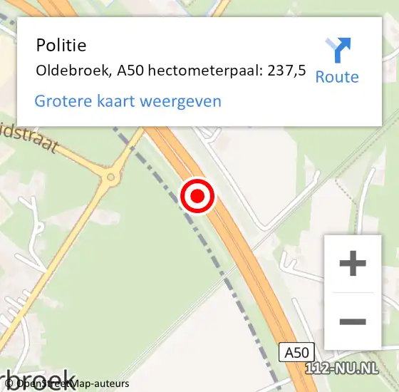 Locatie op kaart van de 112 melding: Politie Oldebroek, A50 hectometerpaal: 237,5 op 11 februari 2022 07:47