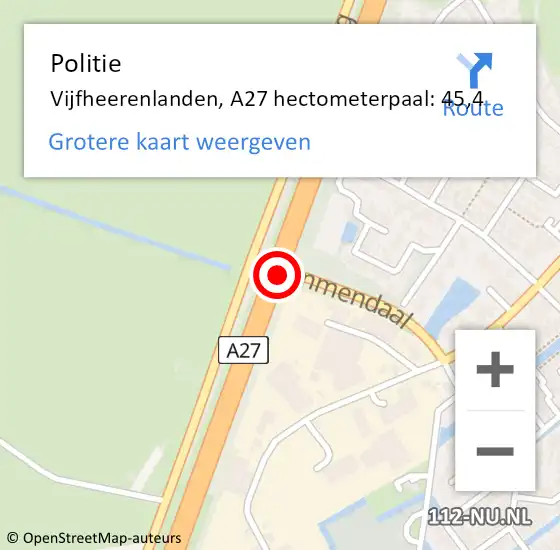 Locatie op kaart van de 112 melding: Politie Vijfheerenlanden, A27 hectometerpaal: 45,4 op 11 februari 2022 10:17