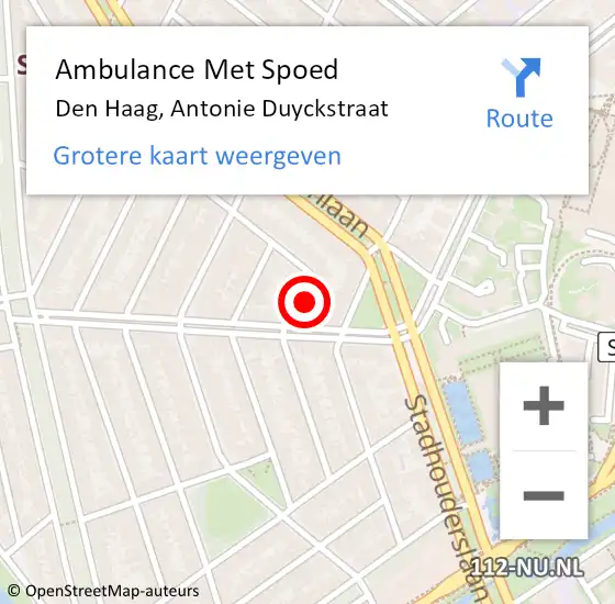 Locatie op kaart van de 112 melding: Ambulance Met Spoed Naar Den Haag, Antonie Duyckstraat op 11 februari 2022 13:35