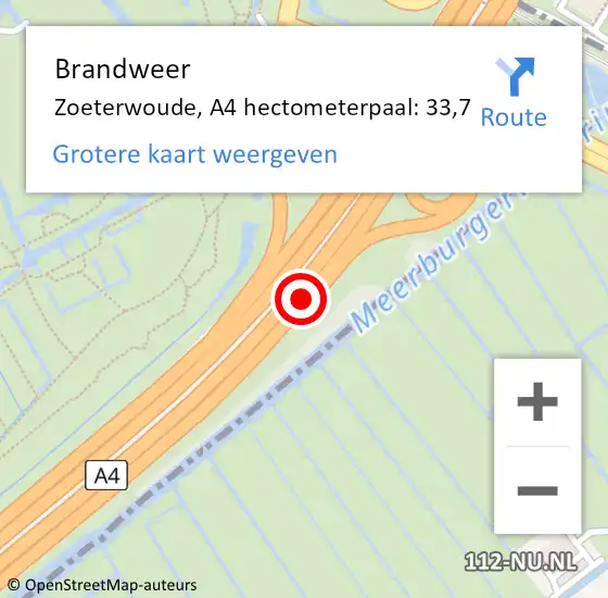 Locatie op kaart van de 112 melding: Brandweer Zoeterwoude, A4 hectometerpaal: 33,7 op 11 februari 2022 13:54