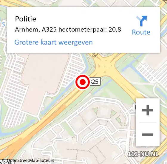 Locatie op kaart van de 112 melding: Politie Arnhem, A325 hectometerpaal: 20,8 op 11 februari 2022 15:22