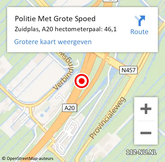 Locatie op kaart van de 112 melding: Politie Met Grote Spoed Naar Zuidplas, A20 hectometerpaal: 46,1 op 11 februari 2022 15:26