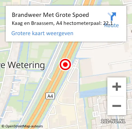 Locatie op kaart van de 112 melding: Brandweer Met Grote Spoed Naar Kaag en Braassem, A4 hectometerpaal: 22,1 op 11 februari 2022 16:23