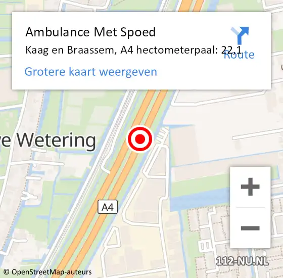 Locatie op kaart van de 112 melding: Ambulance Met Spoed Naar Kaag en Braassem, A4 hectometerpaal: 22,1 op 11 februari 2022 16:27