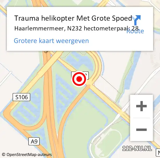 Locatie op kaart van de 112 melding: Trauma helikopter Met Grote Spoed Naar Haarlemmermeer, N232 hectometerpaal: 28 op 11 februari 2022 18:28