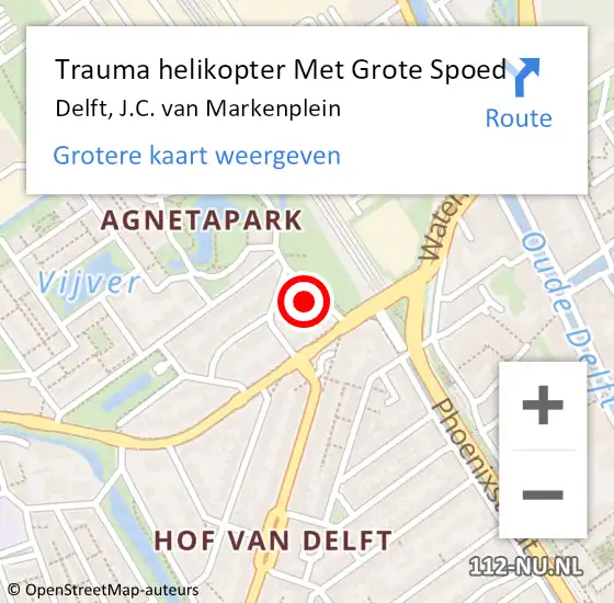 Locatie op kaart van de 112 melding: Trauma helikopter Met Grote Spoed Naar Delft, J.C. van Markenplein op 11 februari 2022 18:34