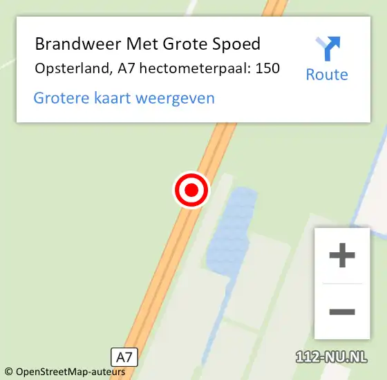 Locatie op kaart van de 112 melding: Brandweer Met Grote Spoed Naar Opsterland, A7 hectometerpaal: 150 op 11 februari 2022 18:48