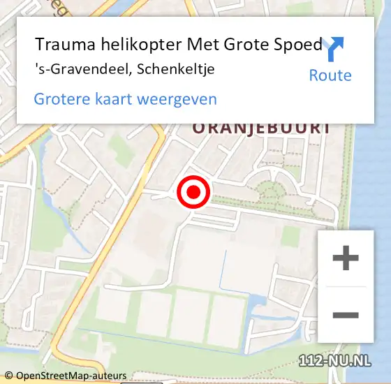 Locatie op kaart van de 112 melding: Trauma helikopter Met Grote Spoed Naar 's-Gravendeel, Schenkeltje op 11 februari 2022 19:12