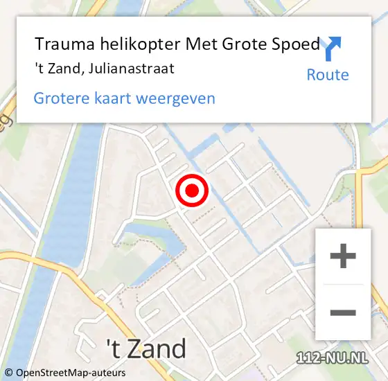 Locatie op kaart van de 112 melding: Trauma helikopter Met Grote Spoed Naar 't Zand, Julianastraat op 12 februari 2022 01:40