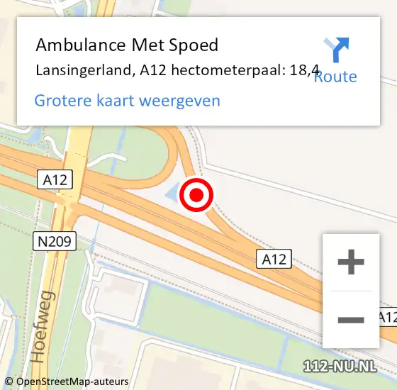 Locatie op kaart van de 112 melding: Ambulance Met Spoed Naar Lansingerland, A12 hectometerpaal: 18,4 op 12 februari 2022 02:44