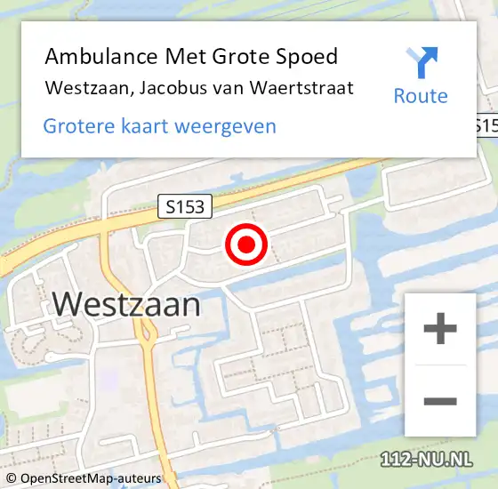 Locatie op kaart van de 112 melding: Ambulance Met Grote Spoed Naar Westzaan, Jacobus van Waertstraat op 12 februari 2022 03:17