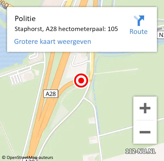 Locatie op kaart van de 112 melding: Politie Staphorst, A28 hectometerpaal: 105 op 12 februari 2022 05:14