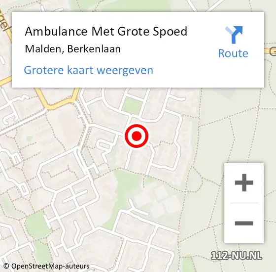 Locatie op kaart van de 112 melding: Ambulance Met Grote Spoed Naar Malden, Berkenlaan op 12 februari 2022 12:44