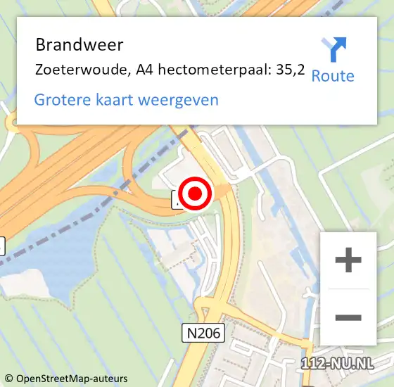 Locatie op kaart van de 112 melding: Brandweer Zoeterwoude, A4 hectometerpaal: 35,2 op 12 februari 2022 13:14