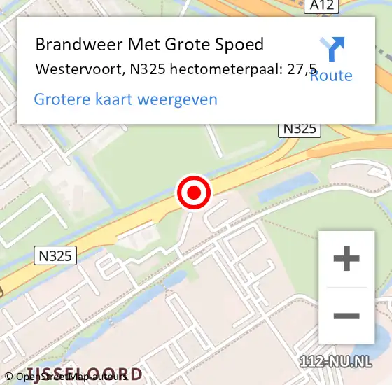 Locatie op kaart van de 112 melding: Brandweer Met Grote Spoed Naar Westervoort, N325 hectometerpaal: 27,5 op 12 februari 2022 18:59