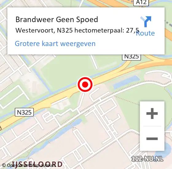 Locatie op kaart van de 112 melding: Brandweer Geen Spoed Naar Westervoort, N325 hectometerpaal: 27,5 op 12 februari 2022 19:05