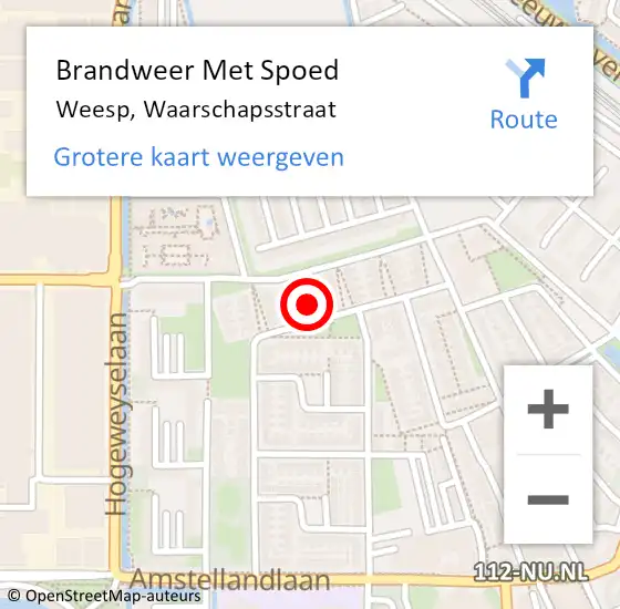 Locatie op kaart van de 112 melding: Brandweer Met Spoed Naar Weesp, Waarschapsstraat op 12 februari 2022 19:15