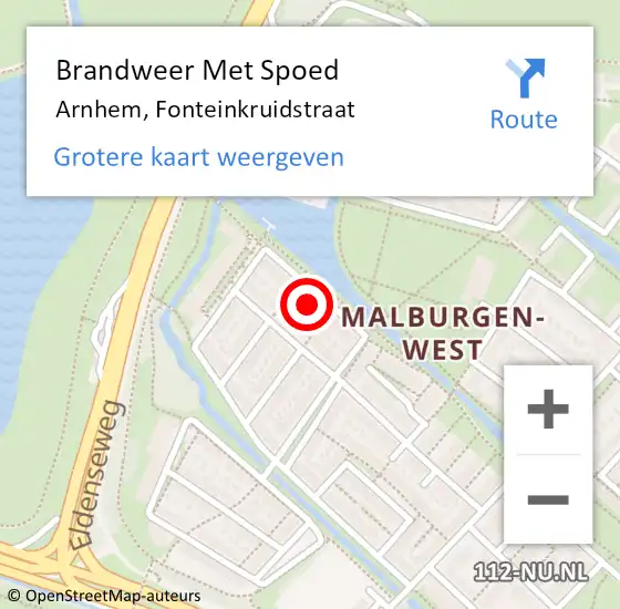 Locatie op kaart van de 112 melding: Brandweer Met Spoed Naar Arnhem, Fonteinkruidstraat op 12 februari 2022 20:32