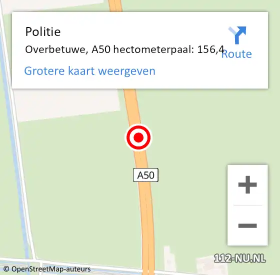 Locatie op kaart van de 112 melding: Politie Overbetuwe, A50 hectometerpaal: 156,4 op 13 februari 2022 10:02