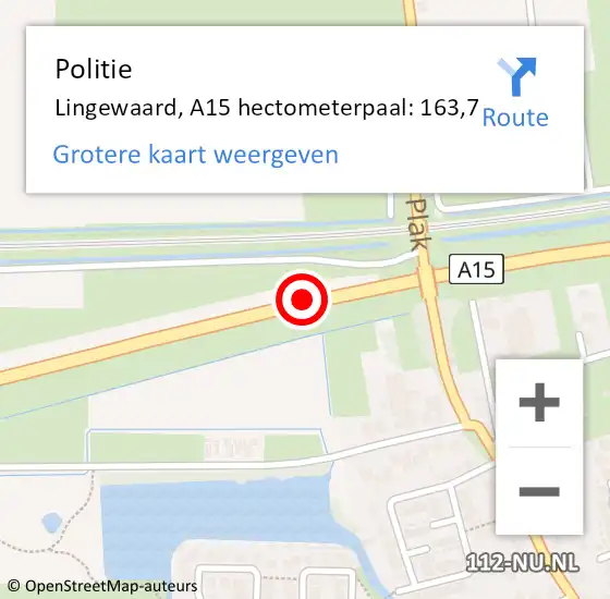 Locatie op kaart van de 112 melding: Politie Lingewaard, A15 hectometerpaal: 163,7 op 13 februari 2022 10:53