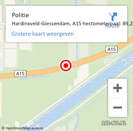 Locatie op kaart van de 112 melding: Politie Hardinxveld-Giessendam, A15 hectometerpaal: 89,2 op 13 februari 2022 11:13