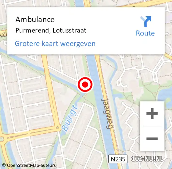 Locatie op kaart van de 112 melding: Ambulance Purmerend, Lotusstraat op 13 februari 2022 12:09