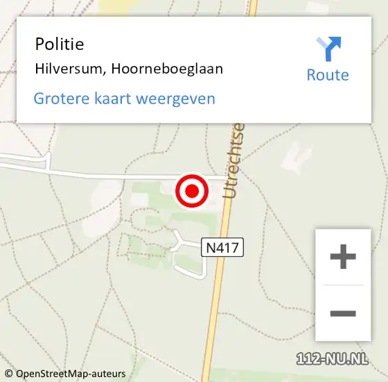 Locatie op kaart van de 112 melding: Politie Hilversum, Hoorneboeglaan op 13 februari 2022 12:33