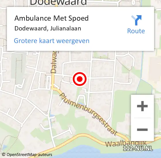 Locatie op kaart van de 112 melding: Ambulance Met Spoed Naar Dodewaard, Julianalaan op 13 februari 2022 12:47