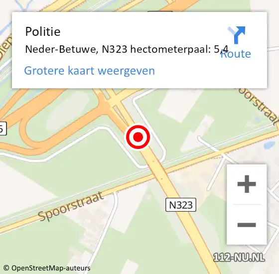 Locatie op kaart van de 112 melding: Politie Neder-Betuwe, N323 hectometerpaal: 5,4 op 13 februari 2022 13:31