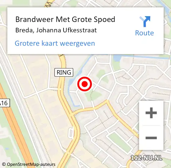 Locatie op kaart van de 112 melding: Brandweer Met Grote Spoed Naar Breda, Johanna Ufkesstraat op 13 februari 2022 14:14