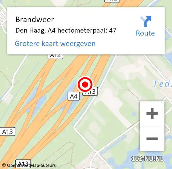 Locatie op kaart van de 112 melding: Brandweer Den Haag, A4 hectometerpaal: 47 op 13 februari 2022 14:22