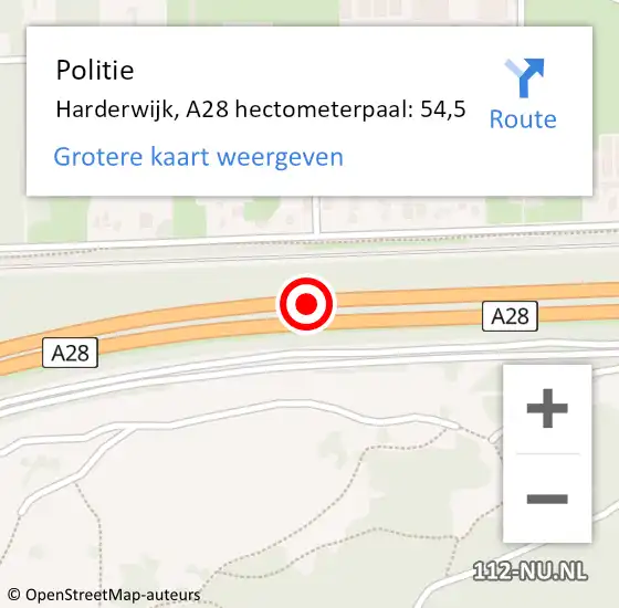 Locatie op kaart van de 112 melding: Politie Harderwijk, A28 hectometerpaal: 54,5 op 13 februari 2022 15:09