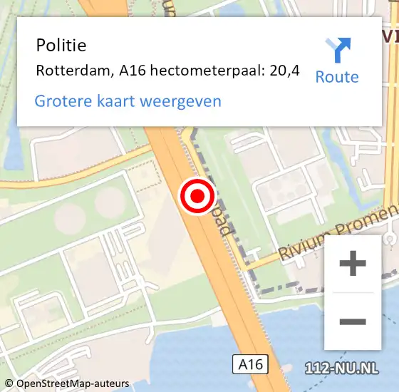 Locatie op kaart van de 112 melding: Politie Rotterdam, A16 hectometerpaal: 20,4 op 13 februari 2022 17:06